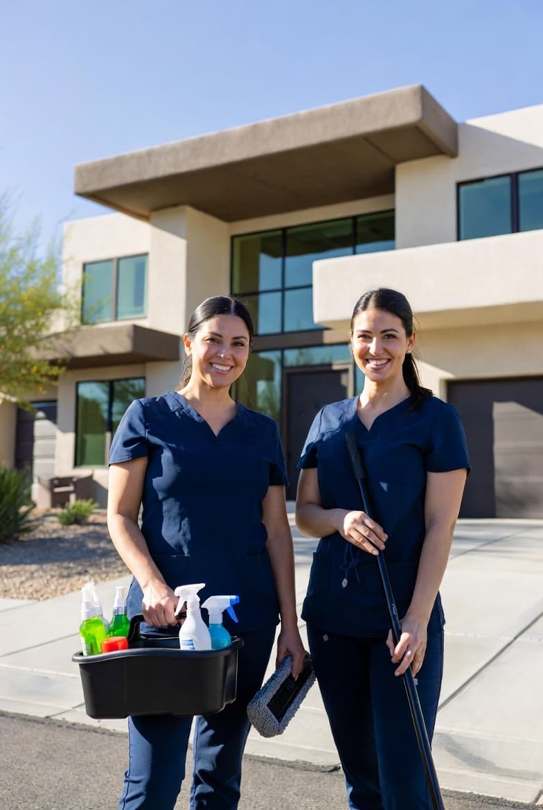 Two Ladybug Cleaning Co. team members outside a home