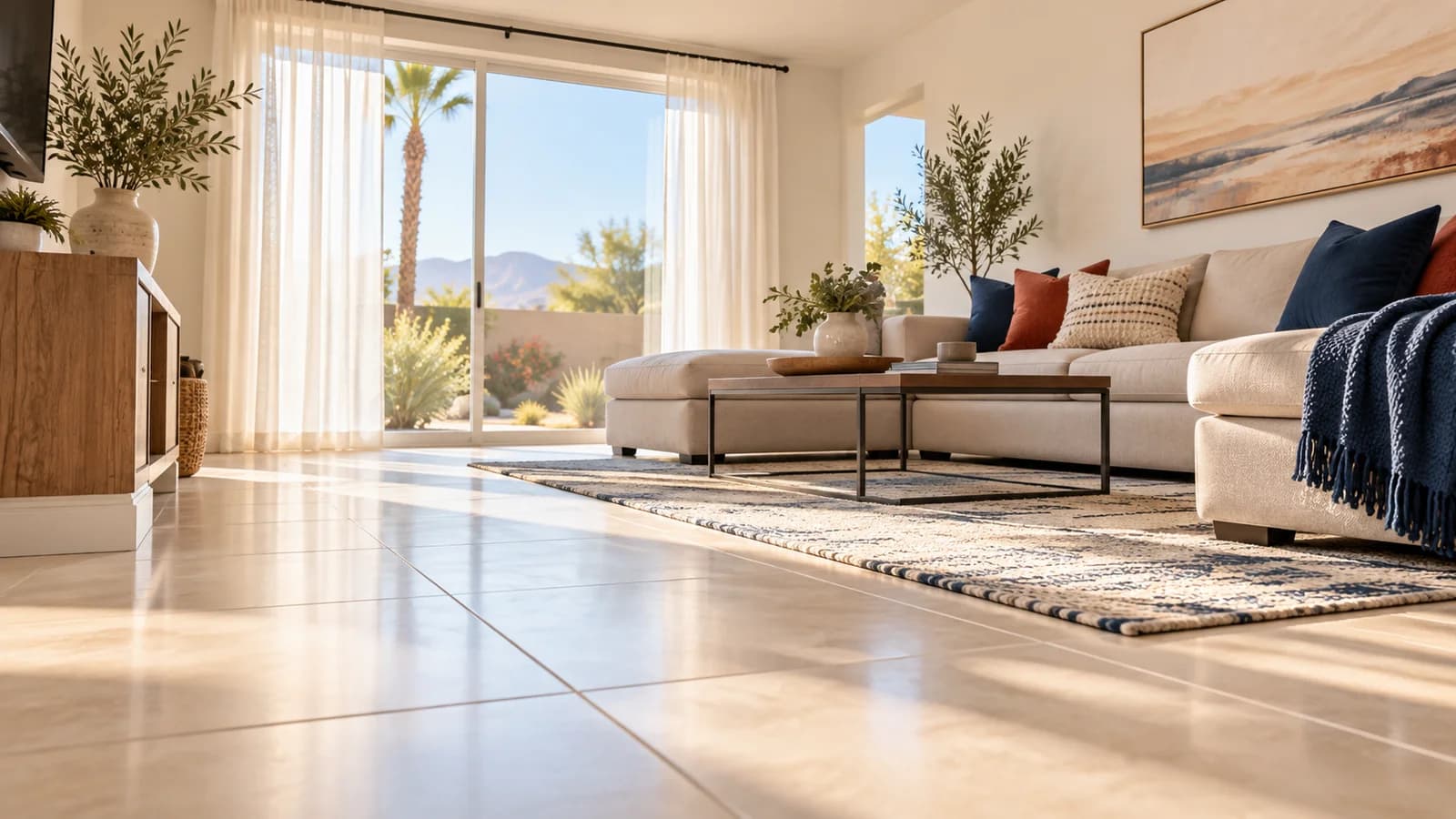 Clean Las Vegas living room with tidy hard-surface floors and uncluttered sofa after a professional house cleaning visit.