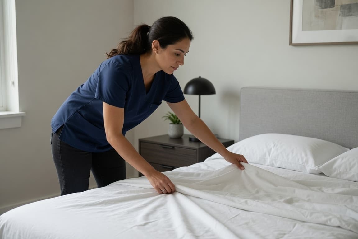 Professional cleaner making a bed in a vacation rental