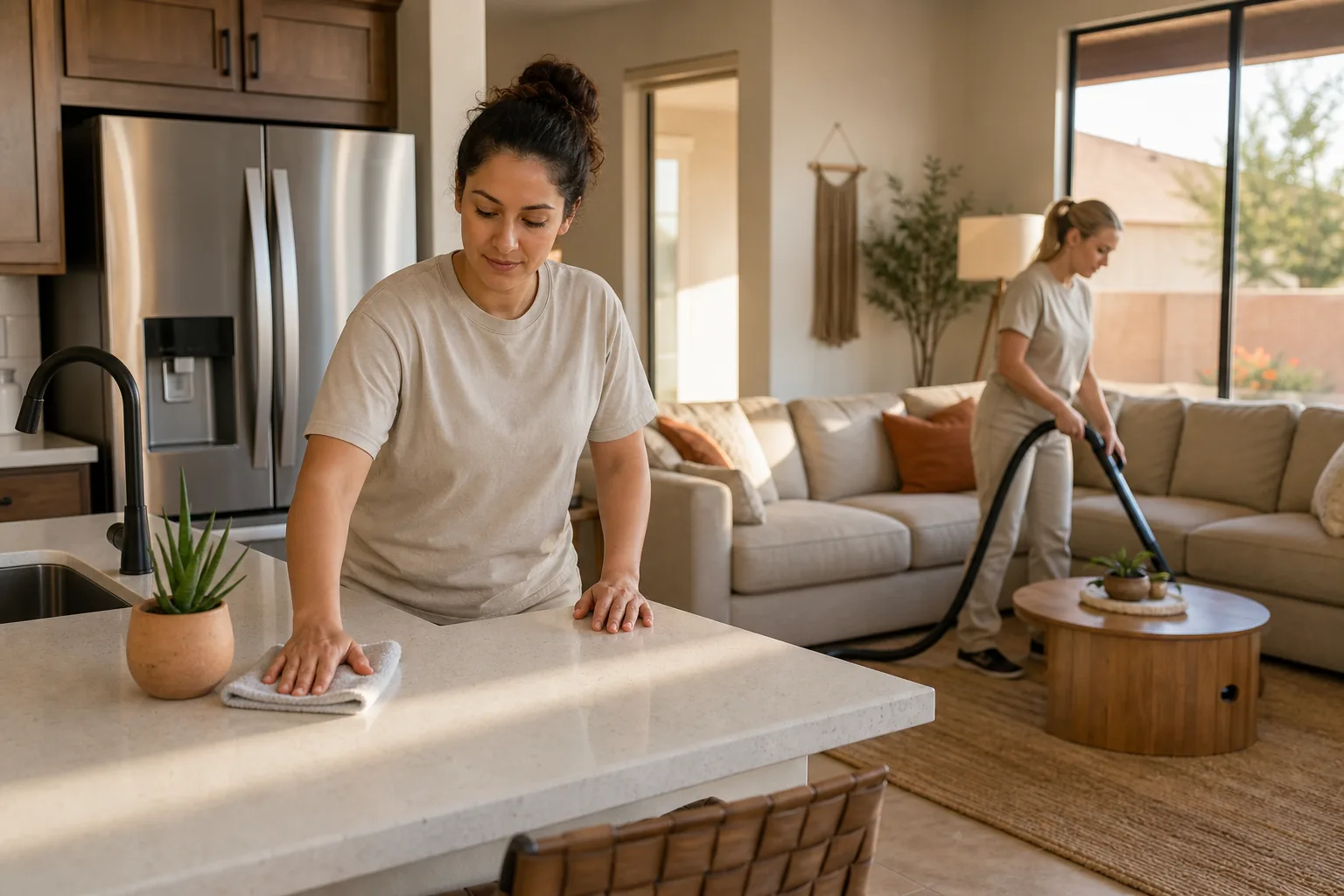 Two people cleaning a kitchen and living room in a home interior