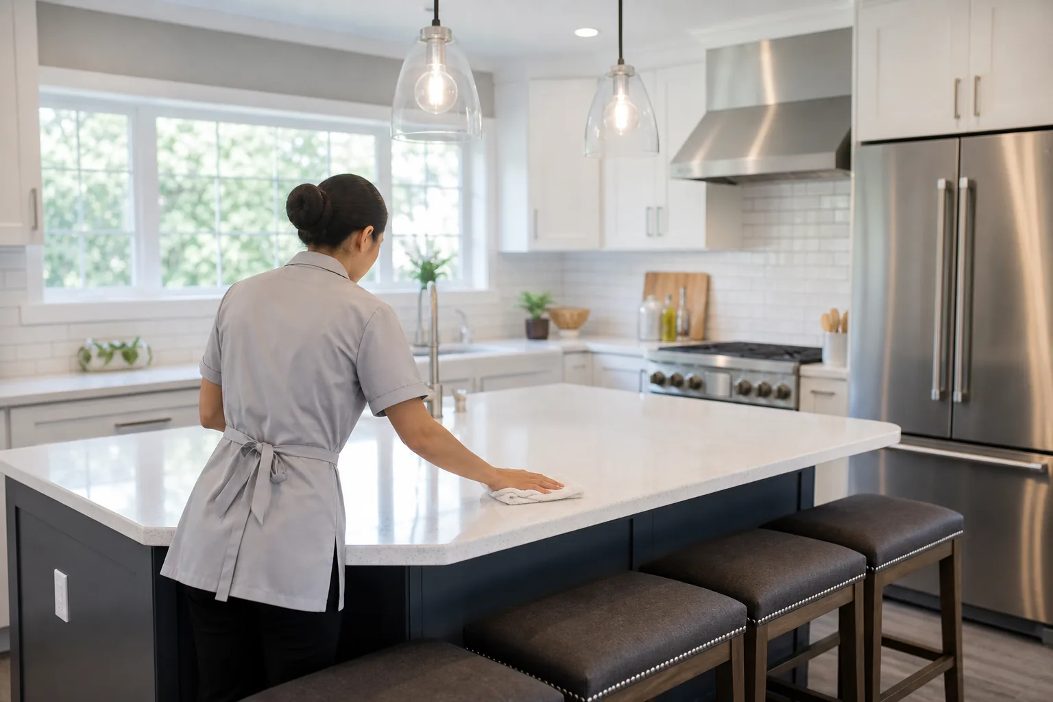 Professional cleaner wiping a kitchen island in a bright modern home