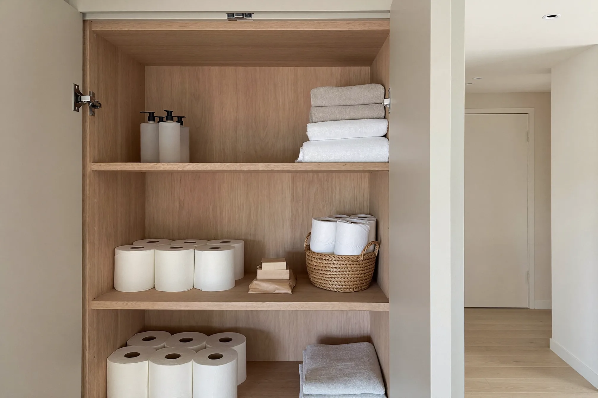 Pre-stocked supply shelf with folded towels and spare toilet paper for a vacation rental